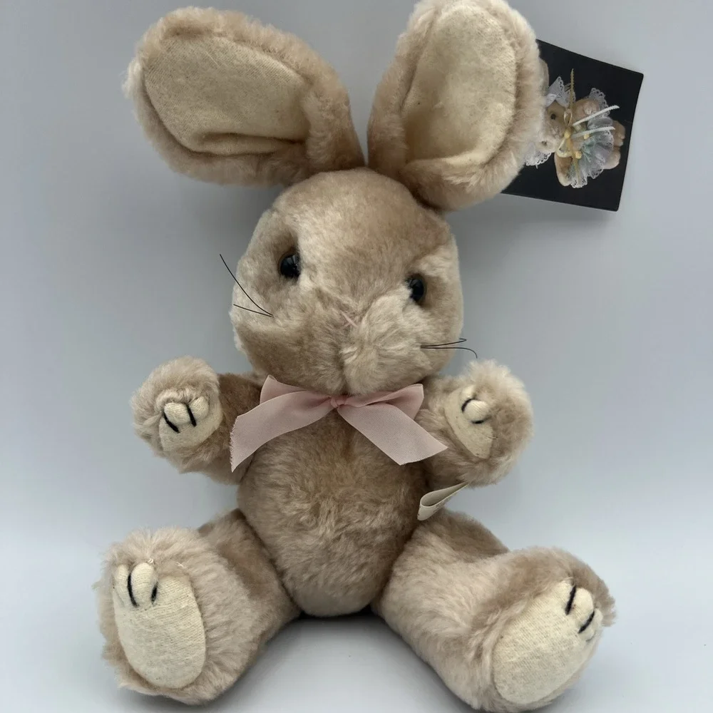Vintage Tan Beige Bunny Rabbit Pink Bow Plush Jointed 8